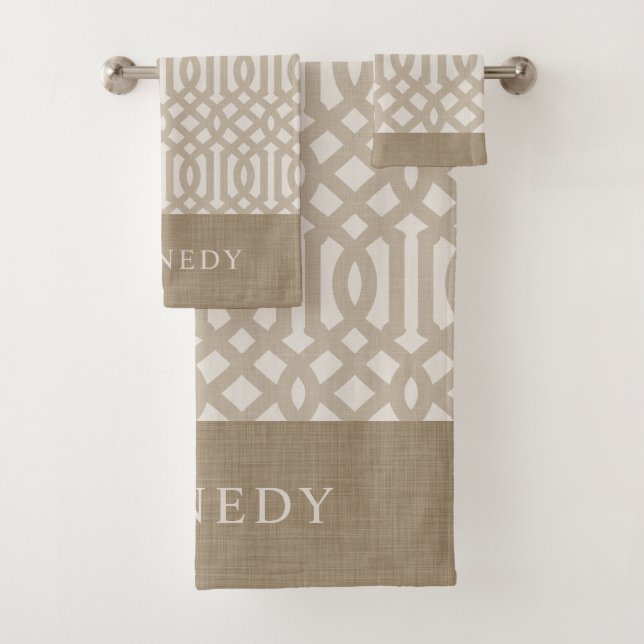 Beige und Ivory Trellis Monogram | Bauernhof Badhandtuch Set (Insitu)