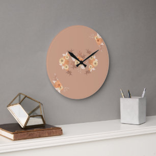Beige und orangefarbene botanische Mauer Kunst, He Große Wanduhr