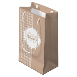 Beige und Tan-Hahnentrittmuster-Monogramm und Name Kleine Geschenktüte