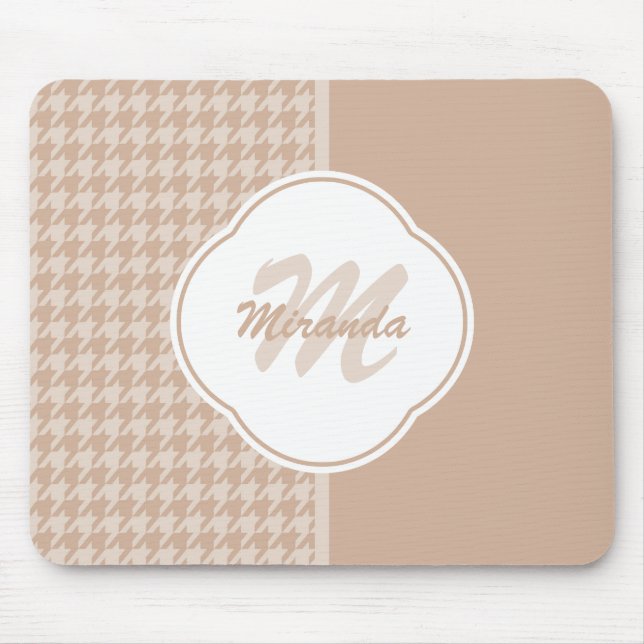 Beige und Tan-Hahnentrittmuster-Monogramm und Name Mousepad (Vorne)