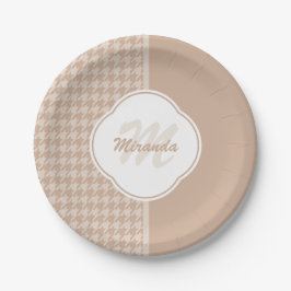 Beige und Tan-Hahnentrittmuster-Monogramm und Name Pappteller