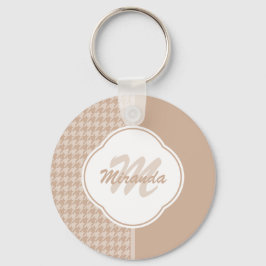 Beige und Tan-Hahnentrittmuster-Monogramm und Name Schlüsselanhänger