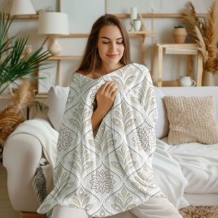 Beige- und weiß glänzendes Vierblattmuster Sherpadecke