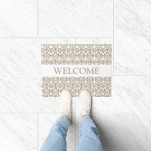 Beige und weiße Damaskus-Muster mit Begrüßungstext Fußmatte