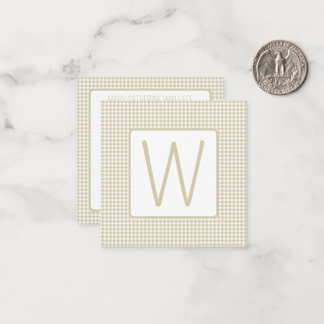Beige und weiße Gingham-Karo-Monogramm Mitteilungskarte (Vorderseite/Rückseite Beispiel)