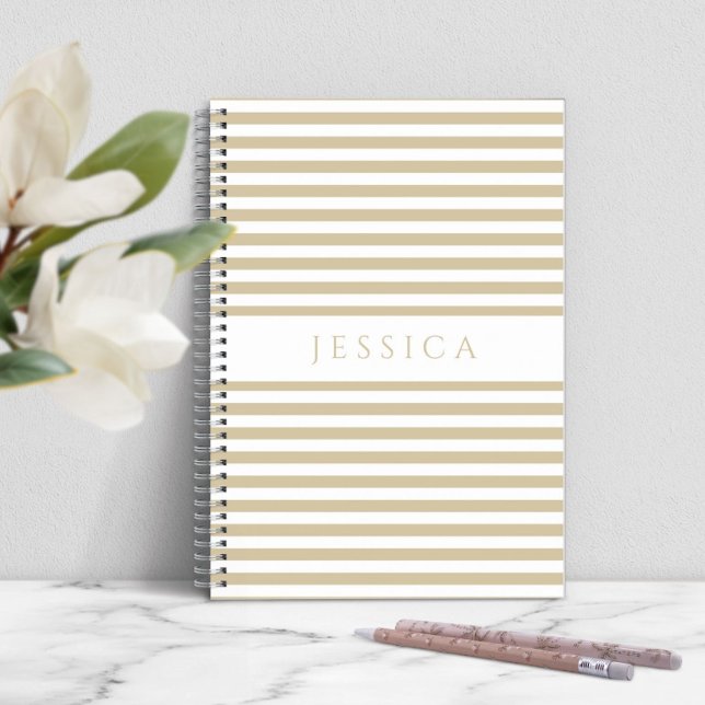 Beige und weiße Streifenbezeichnung Notizbuch (Personalized Stripes Pattern Notebook)
