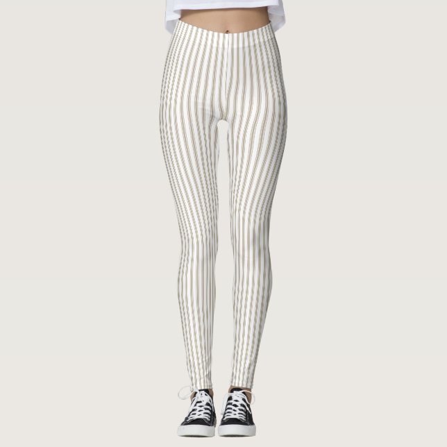 Beige und weißer Ticking-Streifen Leggings (Vorderseite)