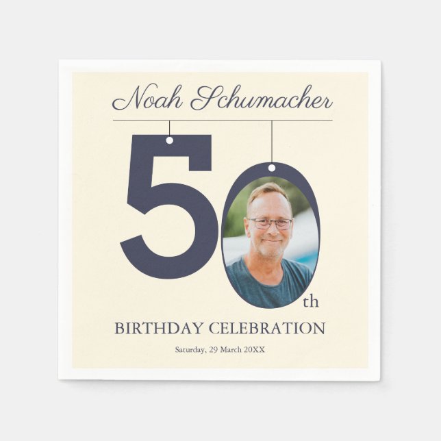 Beige Vintag 50. Geburtstag Custom Foto Napkin Serviette (Vorderseite)