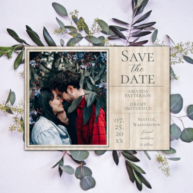 Beige Vintag gestreiftes Foto Save the Date (Beige Vintage Striped Photo Save the Date)