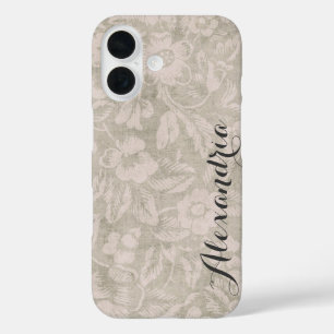 Beige Vintage Blütendruckmonogramm iPhone 16 Hülle