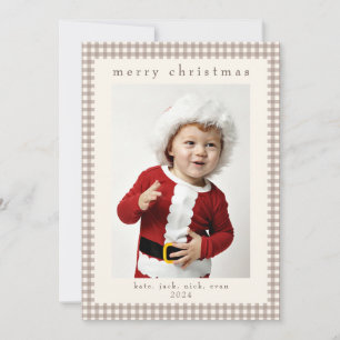Beige Vintage-Gingham-Fotokarte für Weihnachten