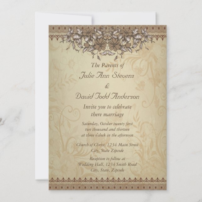 Beige Vintage Hochzeit Einladung (Vorderseite)