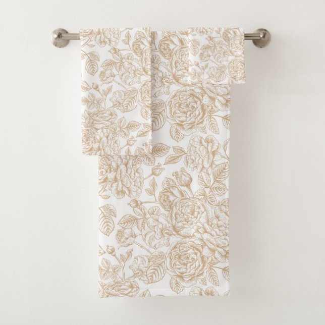 Beige Vintage Rose Blume Muster Badhandtuch Set (Insitu)