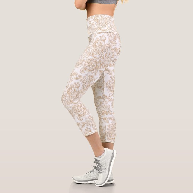 Beige Vintage Rose Blume Muster Capri Leggings (Links)