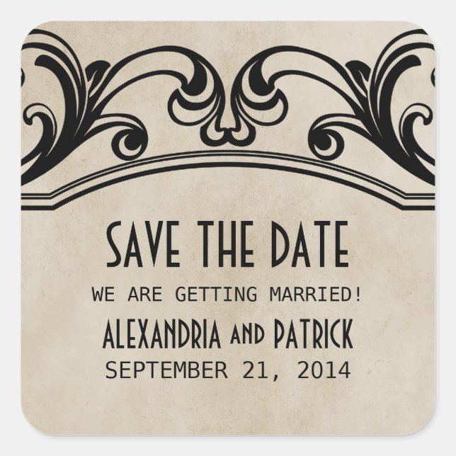 Beige Vintage Wirbel Save the Date Stickers (Vorderseite)