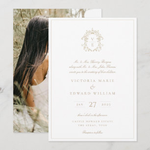 Beige Wappen Monogram Wedding Foto Einladung