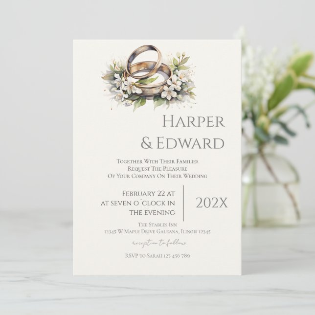 beige wedding invitation with ring einladung (Stehend Vorderseite)