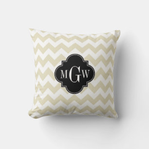 Beige Weiß Chevron Schwarz Vierpass 3 Monogramm Kissen