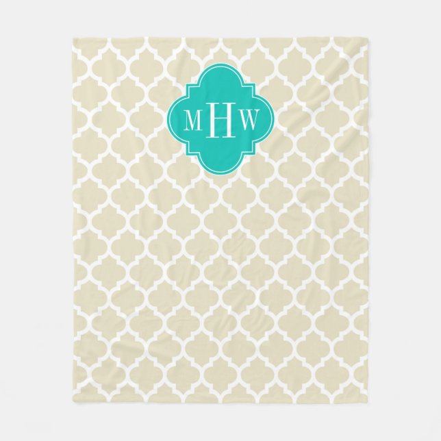 Beige Weiß Marokkanisch #5 Aquamarin 3 Initial Mon Fleecedecke (Vorderseite)