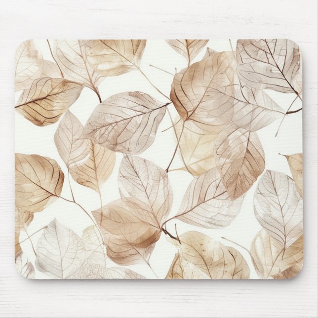 Beige Weiße Blätter Mousepad (Vorne)