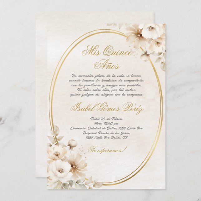 Beige Weiße Blume Spanisch Quinceanera Einladung (Vorne/Hinten)