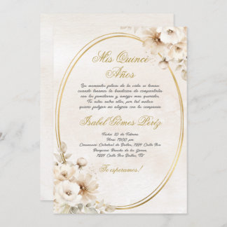 Beige Weiße Blume Spanisch Quinceanera Einladung