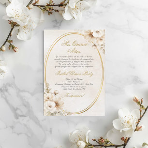 Beige Weiße Blume Spanisch Quinceanera Einladung