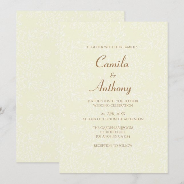 Beige weiße Blumenmuster Volldruckleiste Weddi Einladung (Vorne/Hinten)