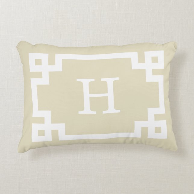 Beige weiße griechische Tastenrahmen #2 Initialmon Dekokissen (Vorderseite)