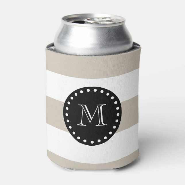 Beige weiße Streifen-Muster, Schwarz-Monogramm Dosenkühler (Kanne Vorderseite)