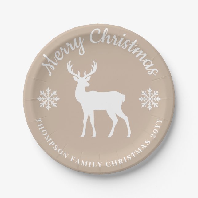 Beige weißer Hirsch und Schneeflocken Weihnachtsfe Pappteller (Vorderseite)