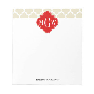 Beige, weißer Marokkaner #5 Red 3 Initial Monogram Notizblock