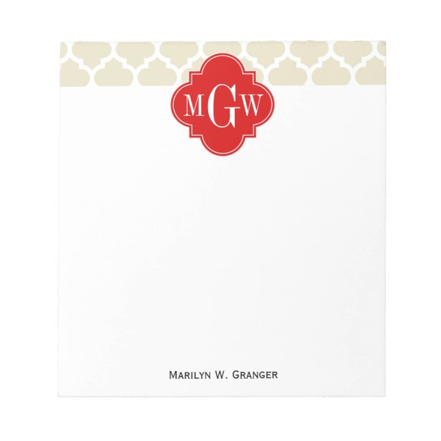 Beige, weißer Marokkaner #5 Red 3 Initial Monogram Notizblock (Vorderseite)