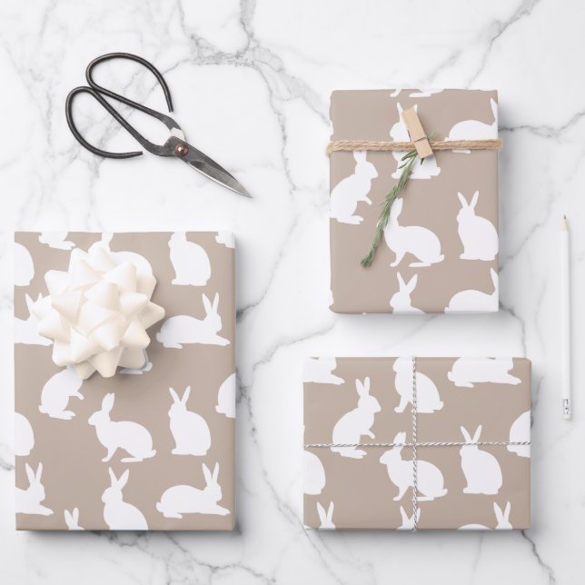 Beige-weißes Hasenmuster moderne Ostern Geschenkpapier Set (Vorderseite)