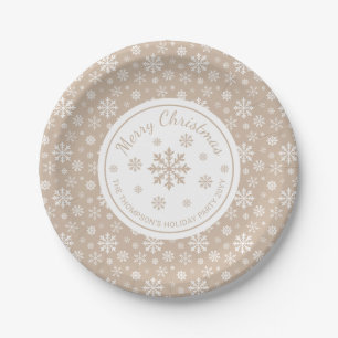 Beige-weißes Schneeflockenmuster Weihnachtsfeier Pappteller