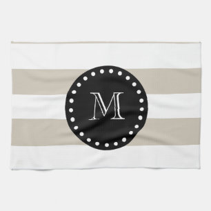 Beige weißes Streifen-Muster, schwarzes Monogramm Geschirrtuch