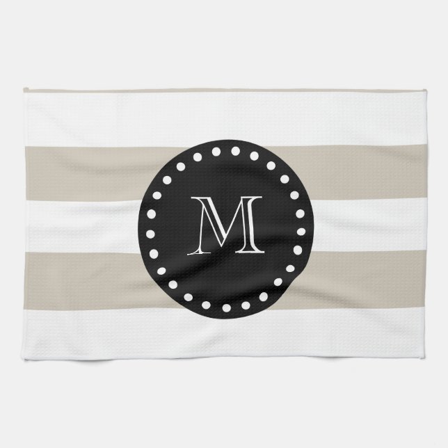Beige weißes Streifen-Muster, schwarzes Monogramm Geschirrtuch (Horizontal)