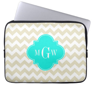Beige weißes Zickzack Aqua Quatrefoil 3 Monogramm Laptopschutzhülle