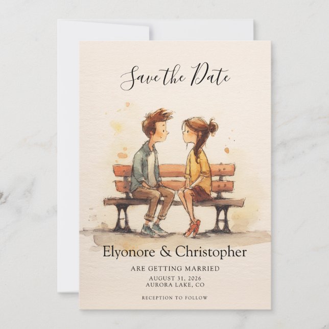 Beige Whimsical Watercolor Romantic Couple Wedding Save The Date (Vorderseite)
