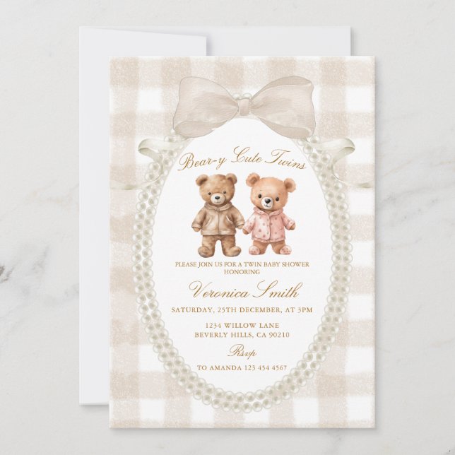Beige White Bear-y Cute Twins Bear Baby Shower Einladung (Vorderseite)