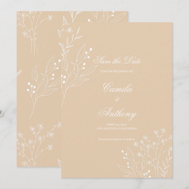 Beige White Corner Floral Boho Wedding Einladung (Vorne/Hinten)