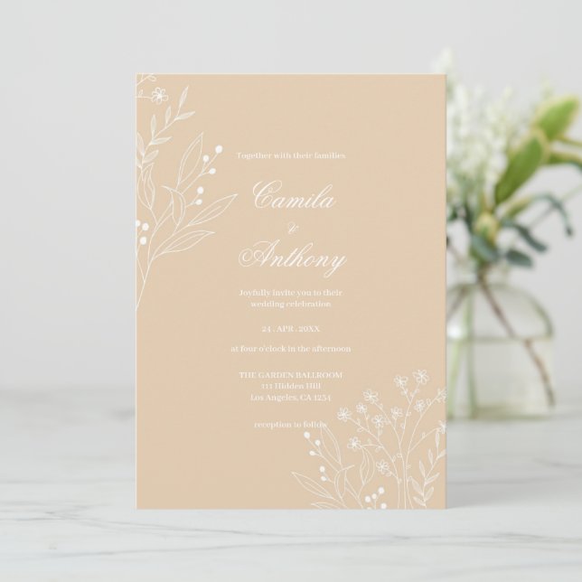 Beige White Corner Floral Boho Wedding Einladung (Stehend Vorderseite)