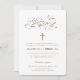Beige White Elegant Calligraphy Christening Einladung