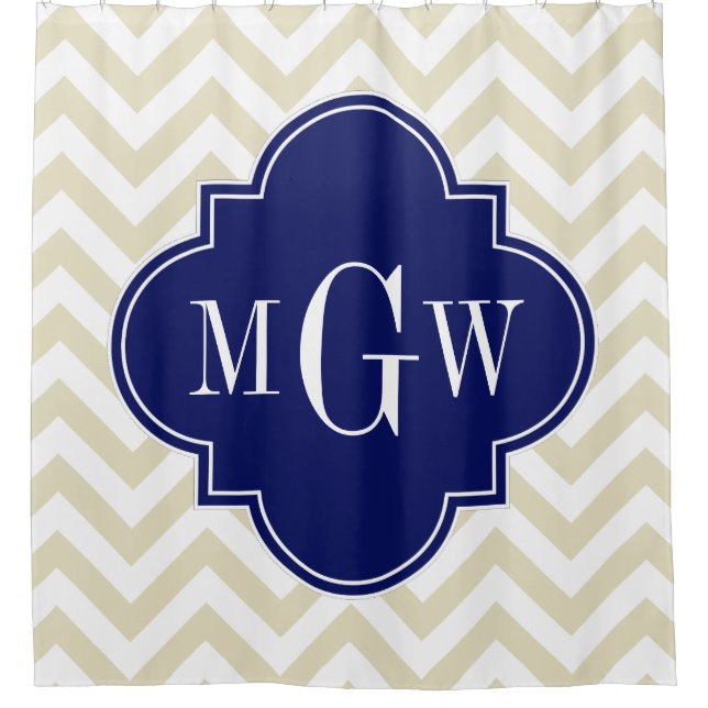 Beige White LG Zickzack Navy 3IH Monogram Duschvorhang (Vorderseite)