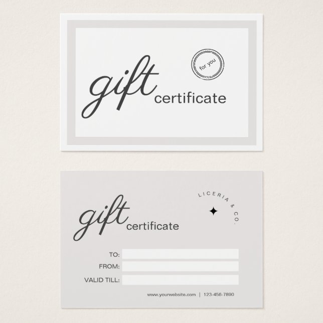 Beige White Minimalistic Geschenkzertifikat (Vorne & Hinten)