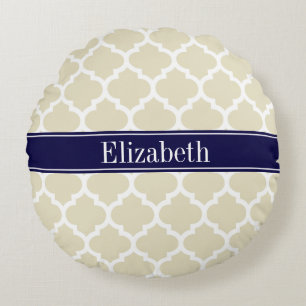 Beige Wht Marokkanisch #5 Navy Blau Name Monogramm Rundes Kissen