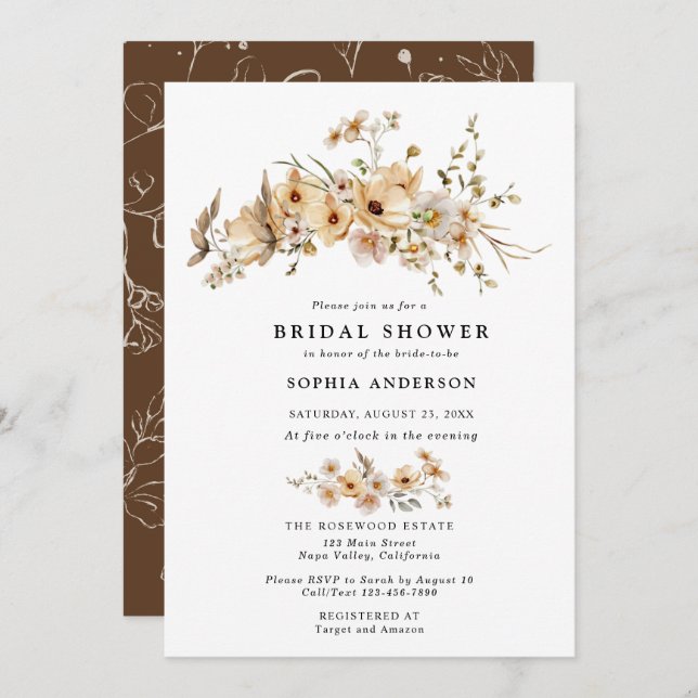 Beige Wild Flowers Bridal Shower Einladung (Vorne/Hinten)