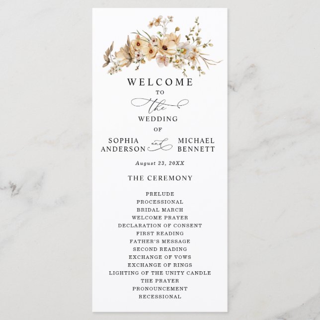 Beige Wild Flowers Hochzeit Programm (Vorderseite)