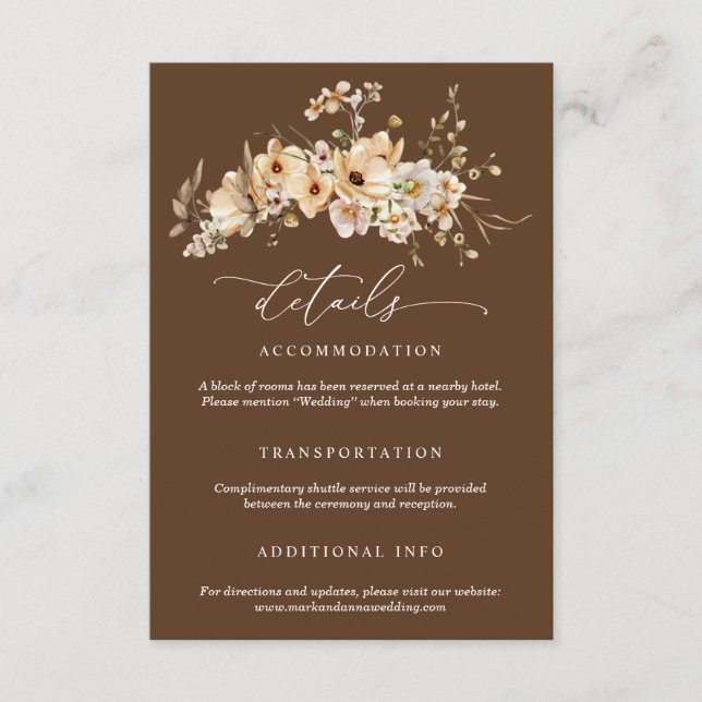 Beige Wild Flowers Wedding Details Begleitkarte (Vorderseite)