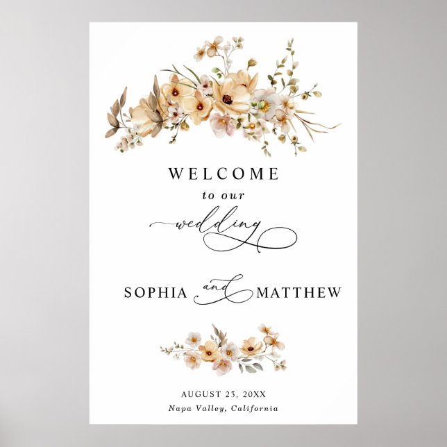 Beige Wild Flowers Wedding Poster (Vorne)